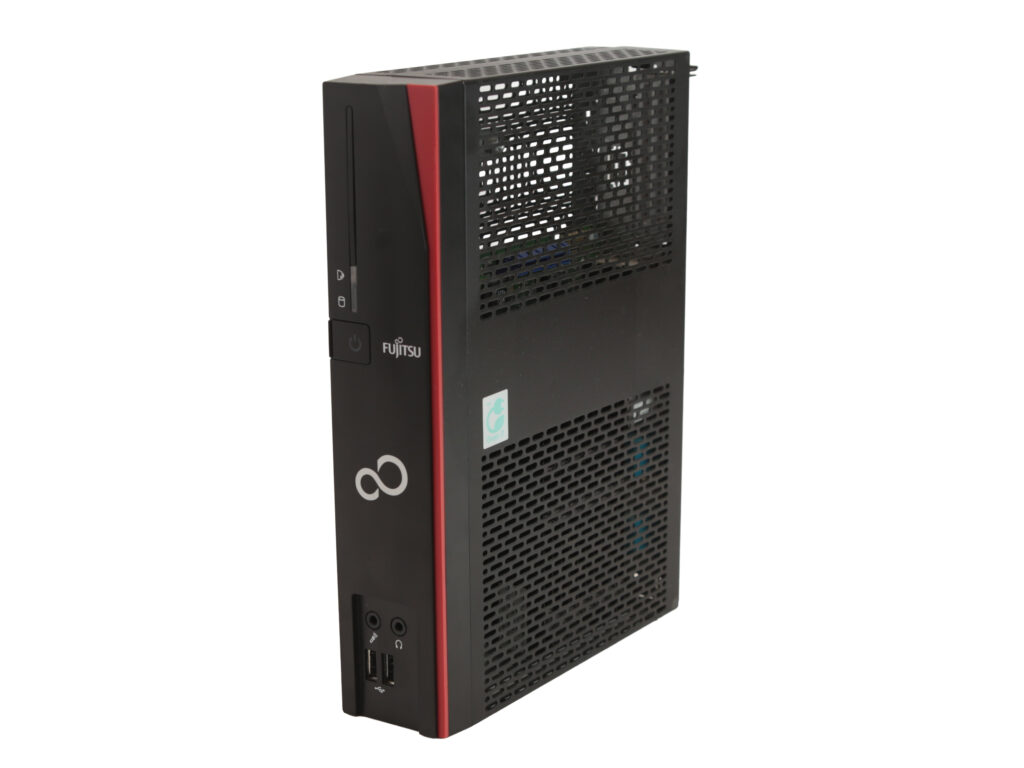 Obudowa terminala Fujitsu FUTRO S930 pod kątem z boku, widoczna czarna kratka wentylacyjna i czerwony pasek na przedniej krawędzi.