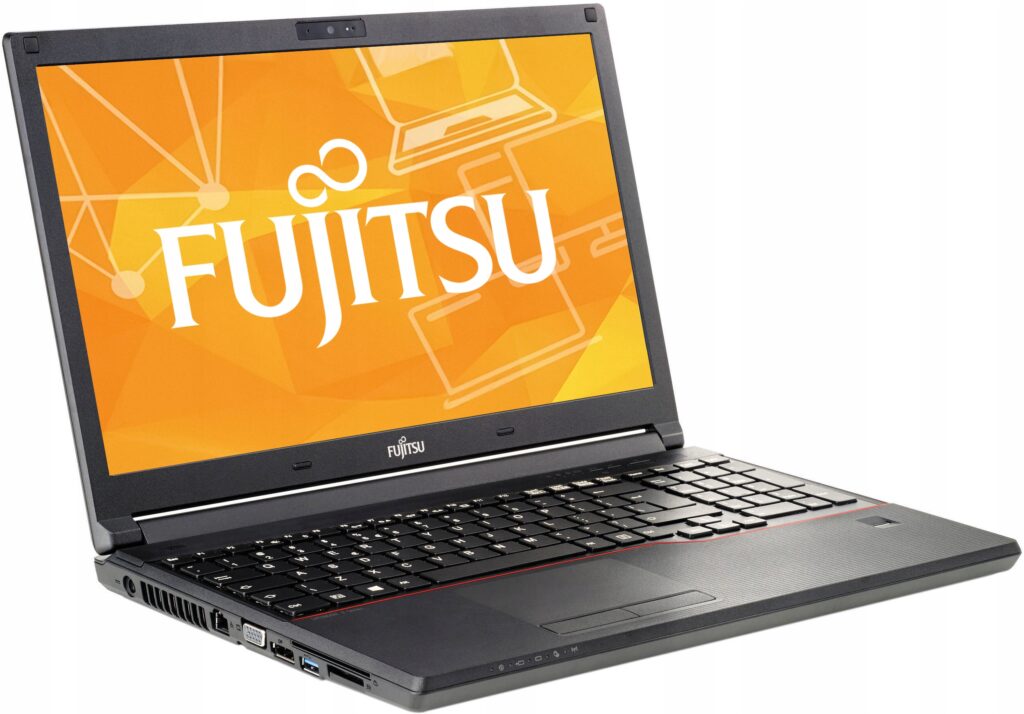 Laptop Fujitsu Lifebook E554 otwarty pod kątem z boku, na ekranie pomarańczowa grafika z logo Fujitsu