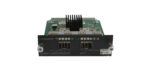 Moduł uplinku HP z odkrytą płytką elektroniczną, radiatorem i dwoma gniazdami SFP+ z boku obudowy.