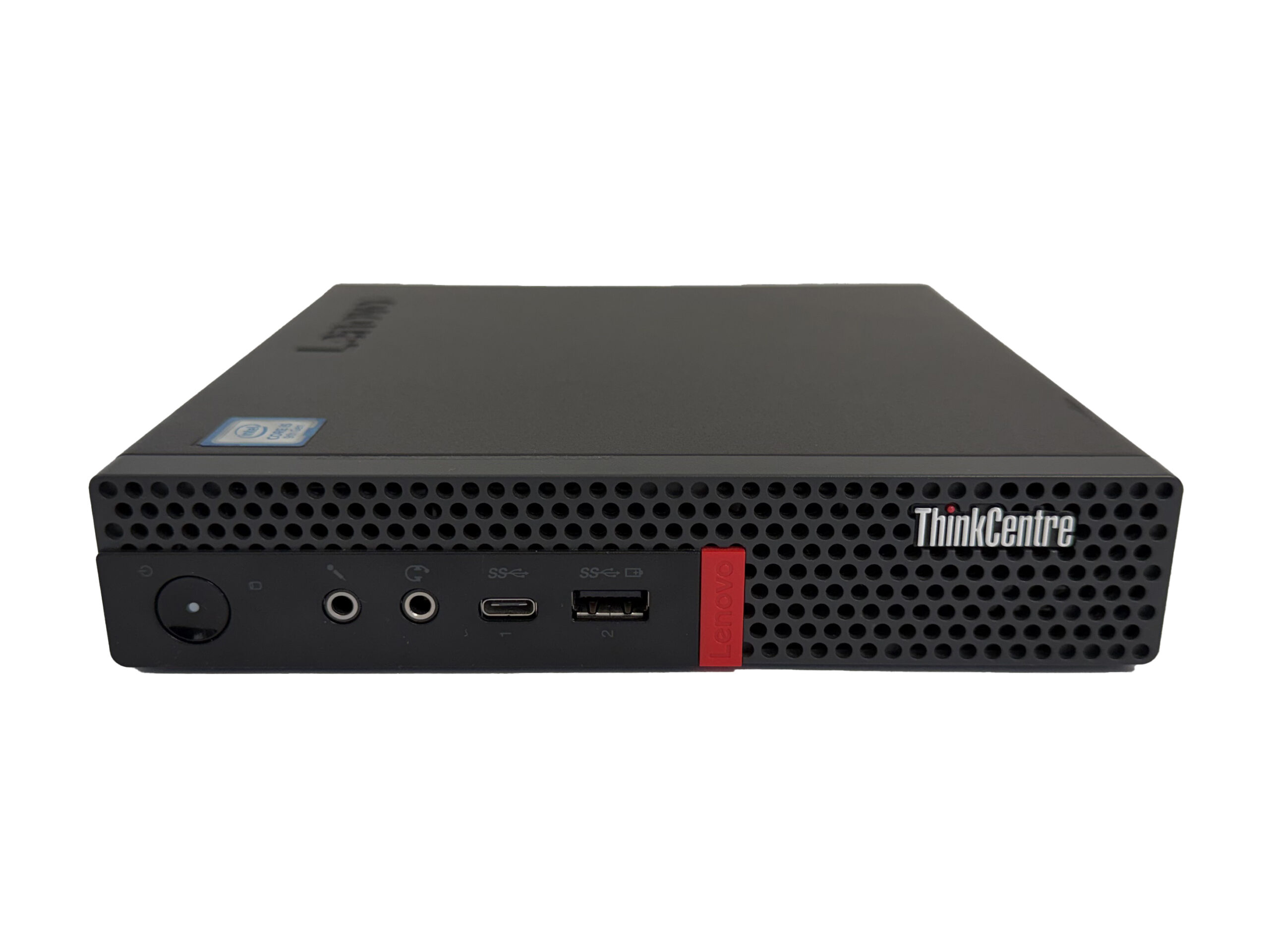 Przód komputera Lenovo ThinkCentre M920q Tiny z portami audio, USB-C i USB-A oraz przyciskiem zasilania.