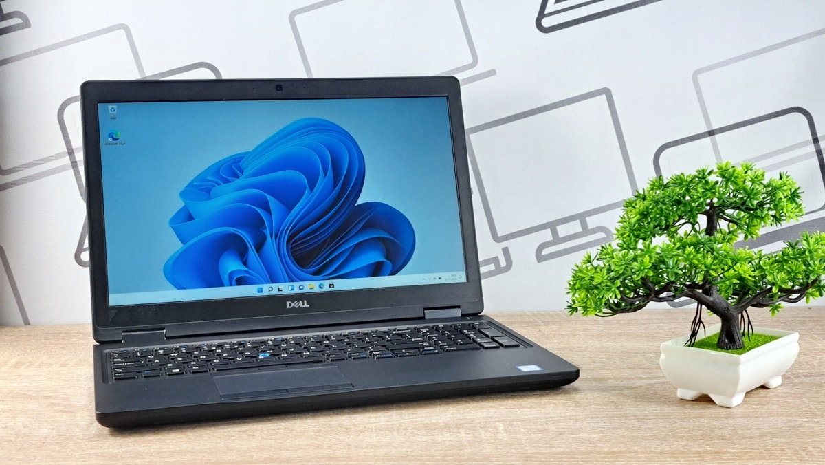 Otwarty laptop Dell Latitude ustawiony na biurku, ekran włączony z widocznym logo Windows, obok sztuczna bonsai.