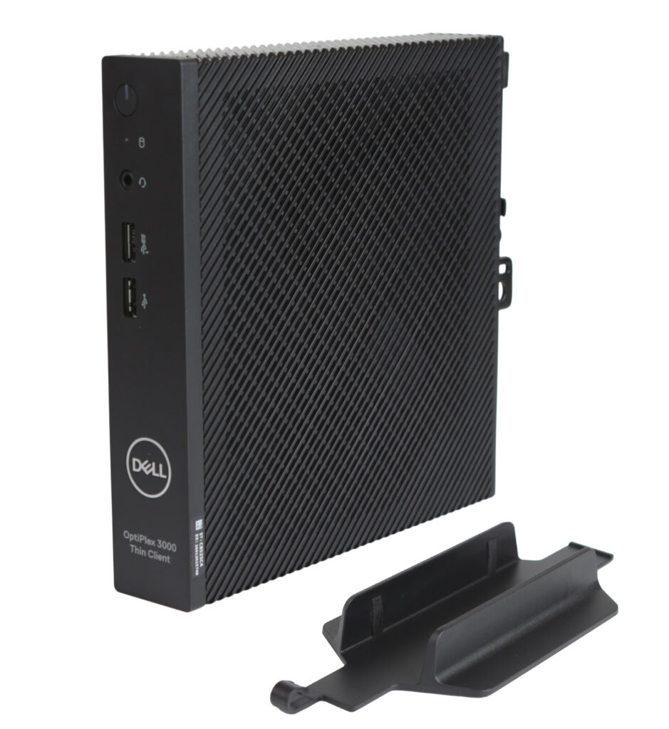 Dell OptiPlex 3000 Thin Client z perforowaną obudową, portami USB i słuchawkowym z przodu, obok leży czarny uchwyt montażowy.