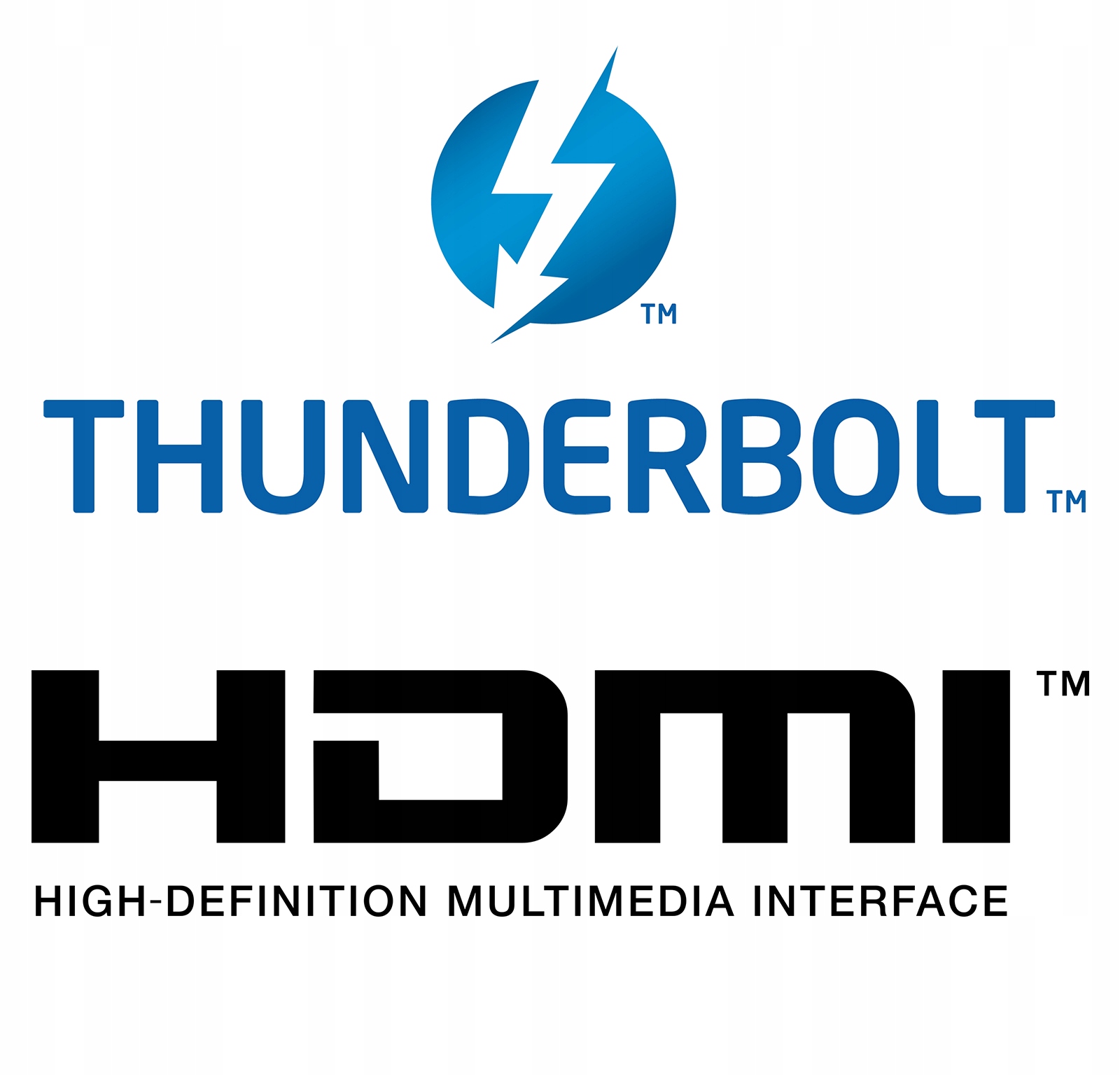 Logotypy standardów Thunderbolt i HDMI, informujące o obsługiwanych złączach laptopa.