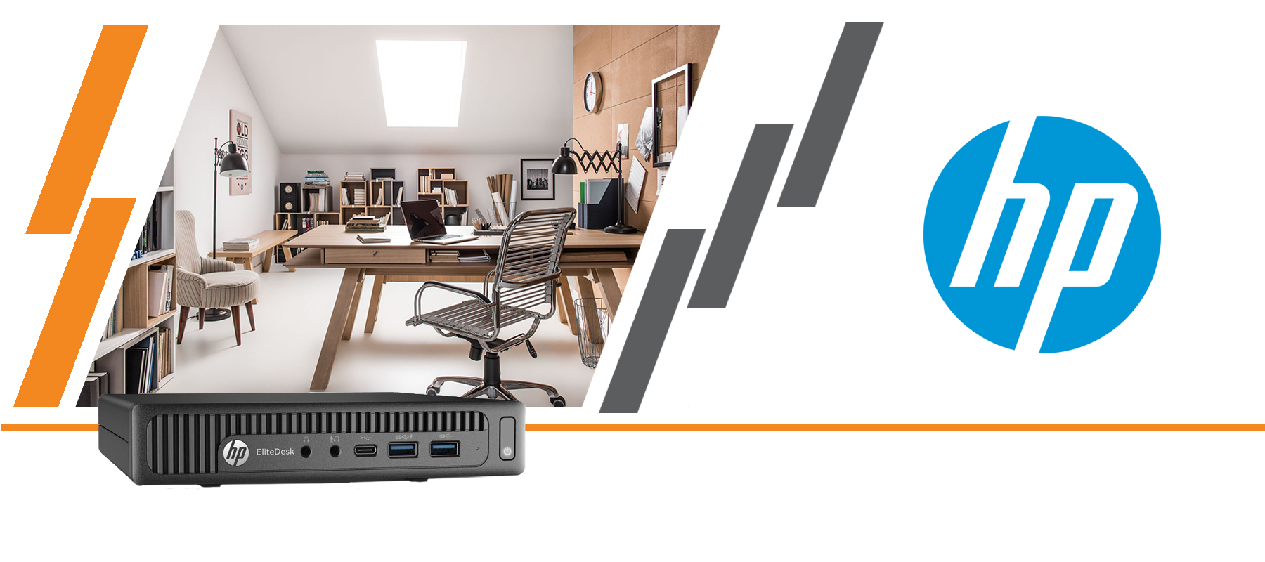 Baner reklamowy z małą obudową komputera HP Elitedesk Tiny, logo HP i zdjęciem urządzonego biura w tle.
