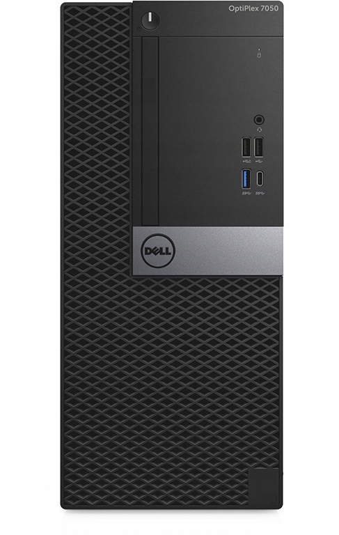 Przód komputera Dell OptiPlex 7050 MT z perforowaną obudową, przyciskiem zasilania i portami USB u góry.