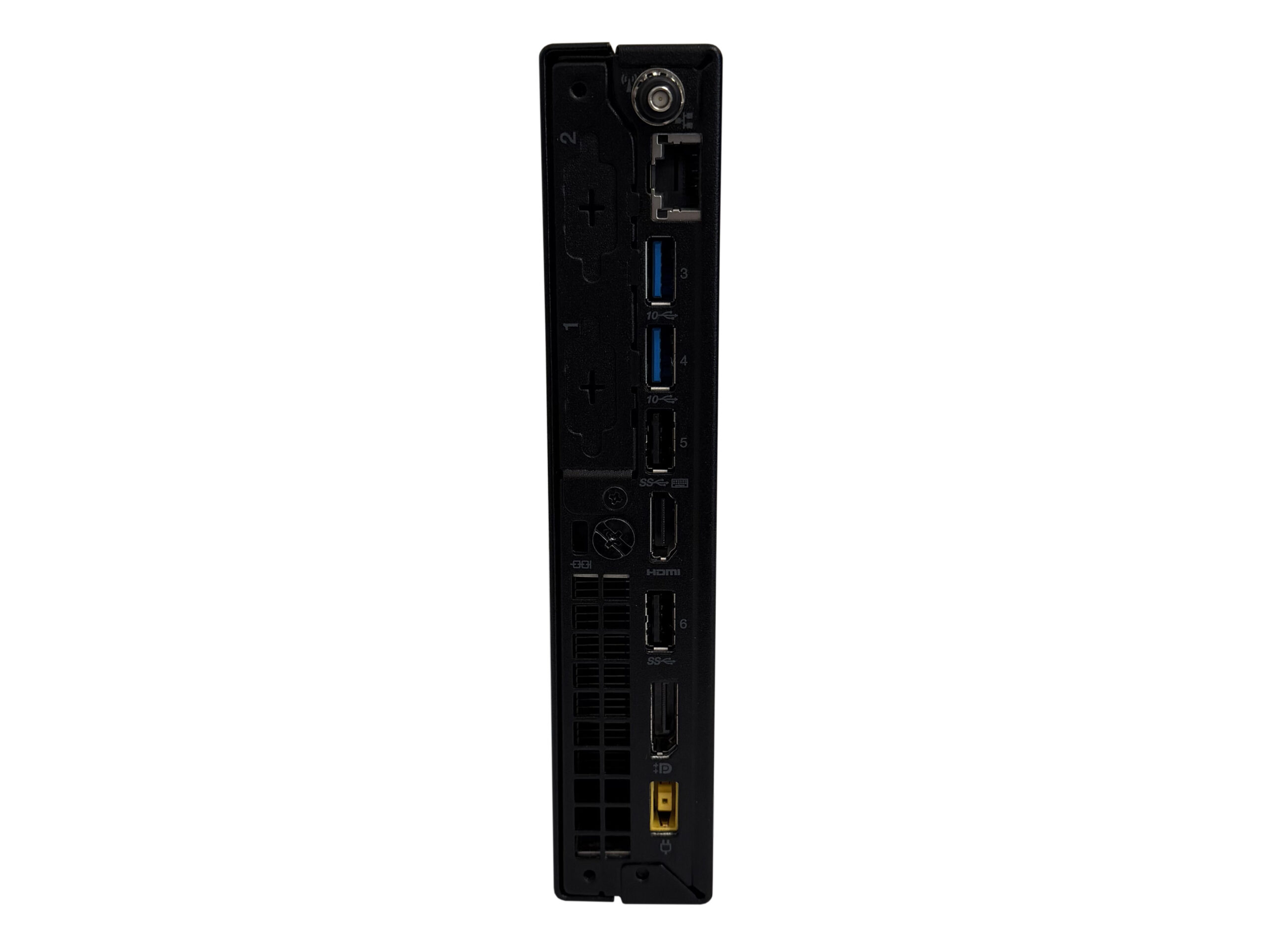 Tylny panel komputera Lenovo Tiny M920q z portami USB, złączami wideo i gniazdem zasilania, widok pod skosem.