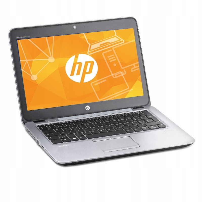 Laptop HP EliteBook widziany z przodu pod kątem, ekran włączony z pomarańczową grafiką testową, klawiatura i touchpad widoczne.