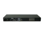 Tylny panel przełącznika KVM IBM z gniazdem zasilania, portami PS/2, VGA, RJ45 i rzędem 8 portów sieciowych.