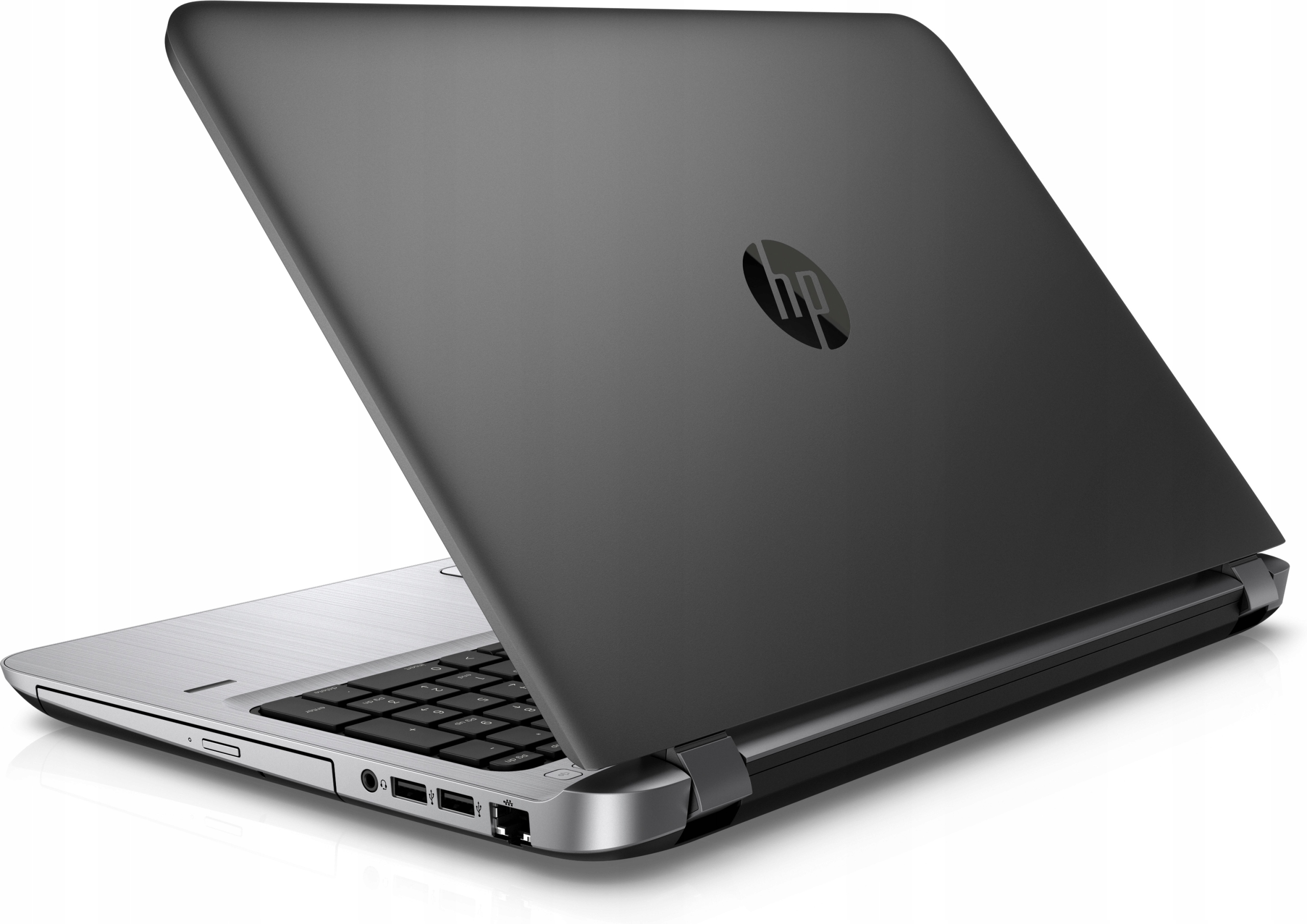 Laptop HP ProBook 450 G3 widziany od tyłu z uchylonym ekranem, widoczna klawiatura i porty boczne.