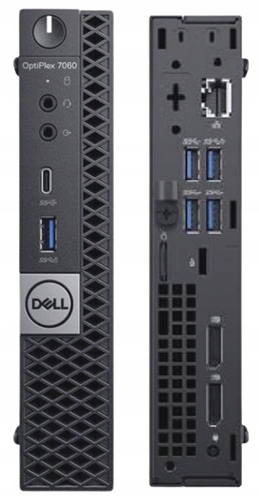 Przód i tył komputera Dell OptiPlex Micro obok siebie: widoczne porty USB-C, USB-A i słuchawkowy z przodu oraz złącza sieciowe i wideo z tyłu.