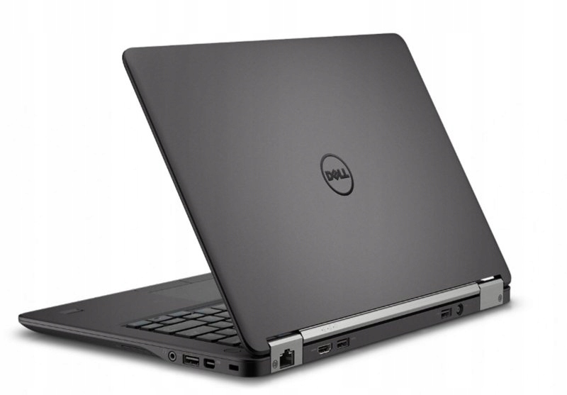 Laptop Dell Latitude widoczny od tyłu i z boku, uchylona klaszka pokazuje matowa obudowę i porty boczne