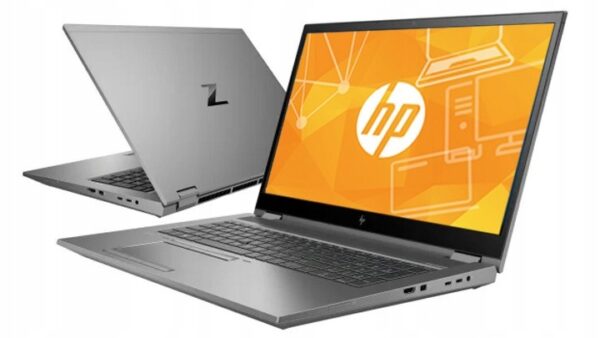 Dwa laptopy HP ZBook - jeden otwarty przodem z pomarańczową grafiką na ekranie, drugi tyłem pokazujący pokrywę i boczne porty.
