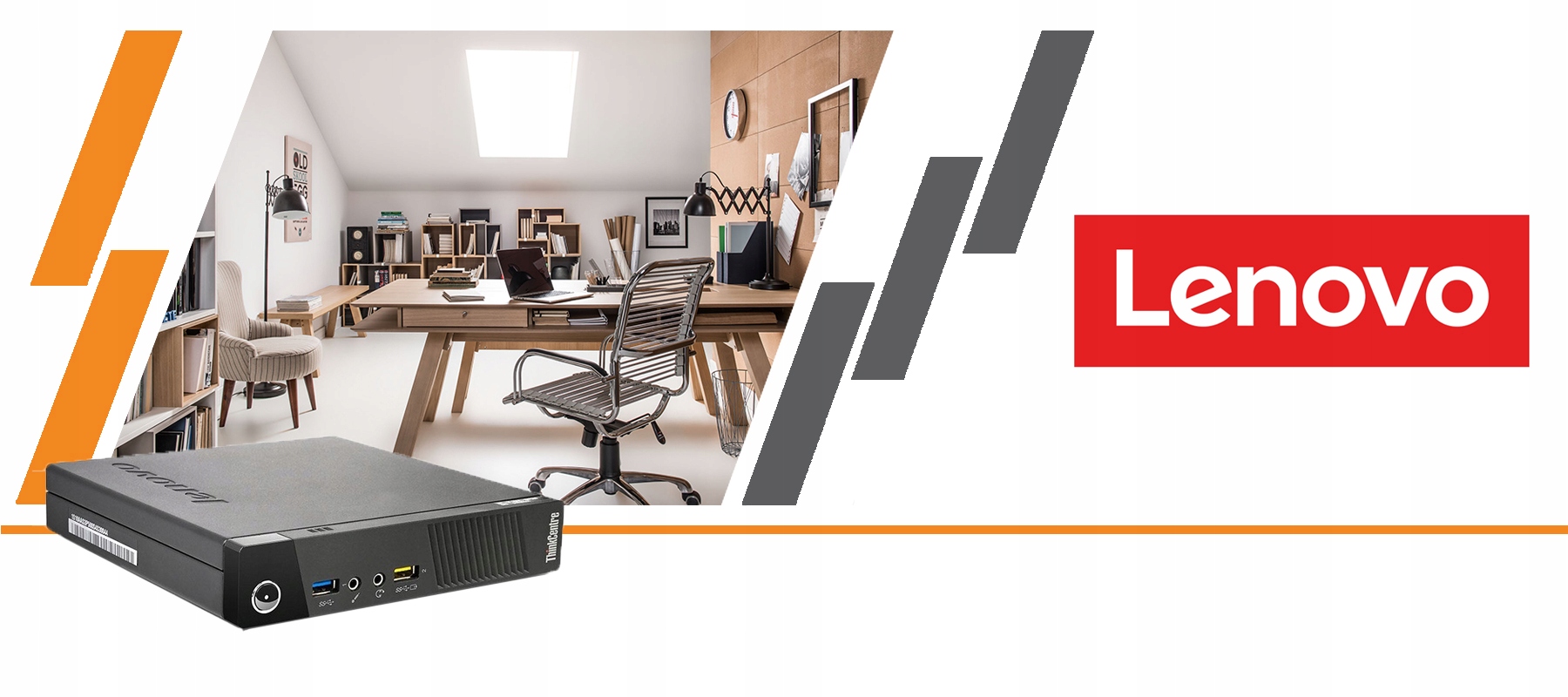 Grafika reklamowa z komputerem Lenovo ThinkCentre M910Q na tle zdjęcia domowego biura oraz logo Lenovo.
