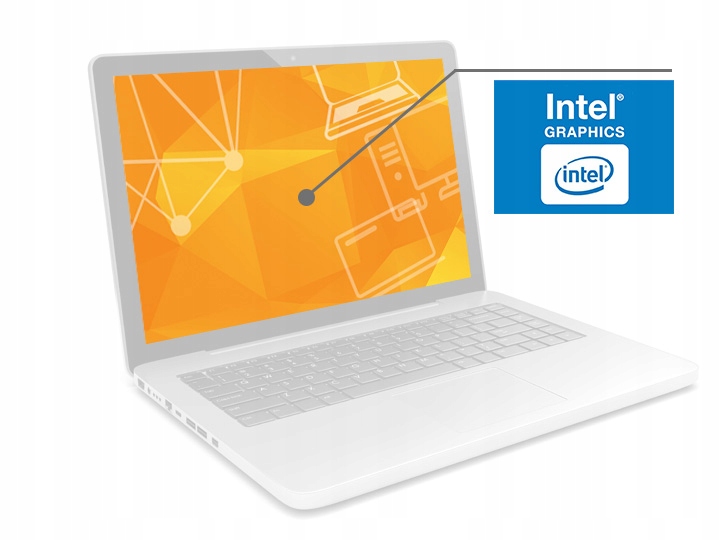 Otwarty biały laptop pod kątem z boku, ekran z pomarańczową grafiką i nałożonym logo Intel Graphics.