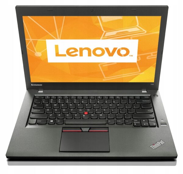Laptop Lenovo ThinkPad T450 otwarty pod niewielkim kątem, na ekranie logo Lenovo, widoczna klawiatura i touchpad z czerwonym trackpointem.