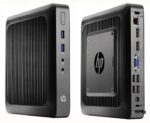 Terminal HP T520 od przodu i tyłu: widoczne porty USB, VGA, RJ45 oraz żeberkowana obudowa z logo HP.