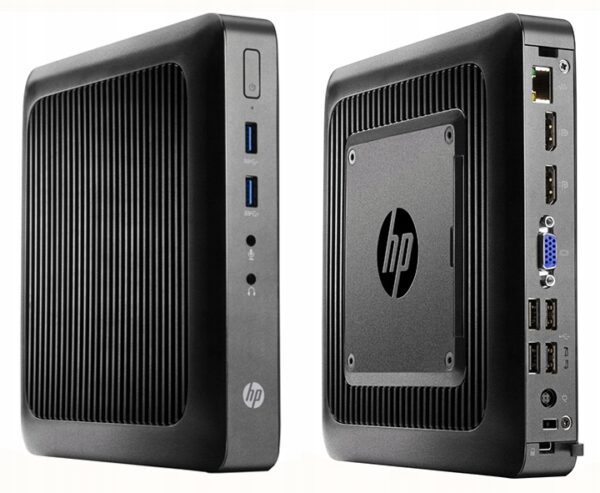 Terminal HP T520 od przodu i tyłu: widoczne porty USB, VGA, RJ45 oraz żeberkowana obudowa z logo HP.