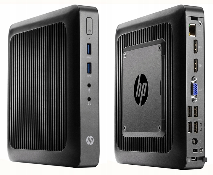 Terminal HP T520 od przodu i tyłu: widoczne porty USB, VGA, RJ45 oraz żeberkowana obudowa z logo HP.