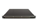 Przedni panel switcha Enterasys z czterema rzędami portów RJ45 i uszami montażowymi do szafy rack, obudowa czarna bez widocznych uszkodzeń.