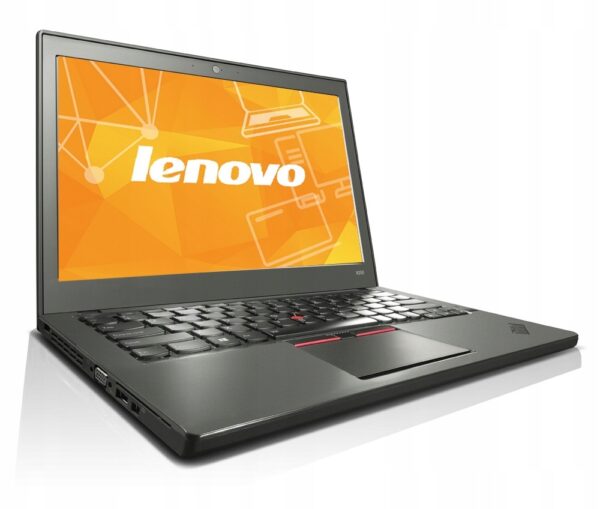 Otwarty laptop Lenovo ThinkPad X250 pod kątem z boku, na ekranie pomarańczowa grafika z logo Lenovo, widoczna klawiatura i touchpad.