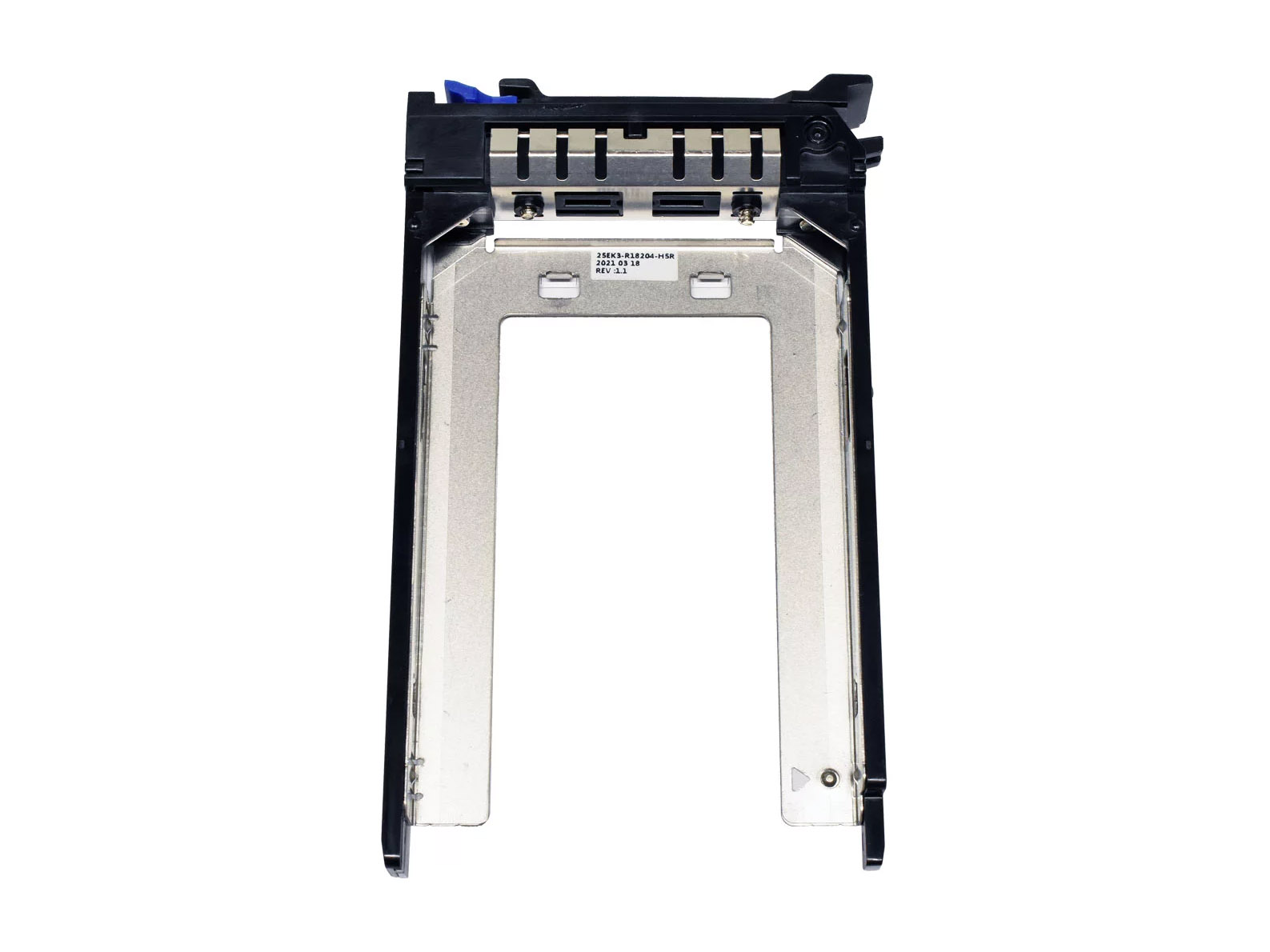 Ramka montażowa na dysk 2.5" Gigabyte, plastikowo-metalowa konstrukcja z czarną klapką i uchwytem widziana z przodu.