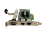 Karta sieciowa PCIe z dwoma portami RJ-45, dołączonym kablem szeregowym i wysokim wspornikiem montażowym.