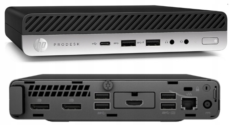 Mini komputer HP w czarno-srebrnej obudowie, widok z przodu z portami USB i słuchawkowym oraz z tyłu ze złączami DisplayPort, HDMI i LAN
