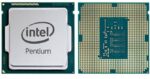 Procesor Intel Pentium: metalowa górna powłoka z logo po lewej, zielona spodnia strona ze złotymi pinami po prawej.