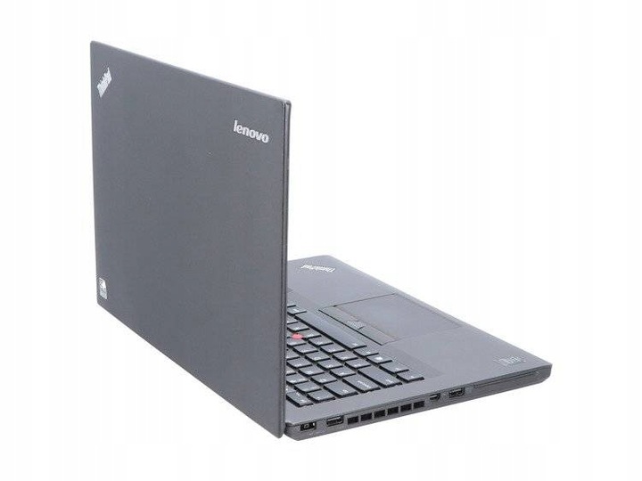 Laptop Lenovo ThinkPad T450 widziany od tyłu z uchylonej klapy, widoczna klawiatura i logo na obudowie.
