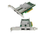 Dwa widoki karty sieciowej PCIe z dwoma portami SFP+, radiatorem chłodzącym i metalowym profilem śledzia.