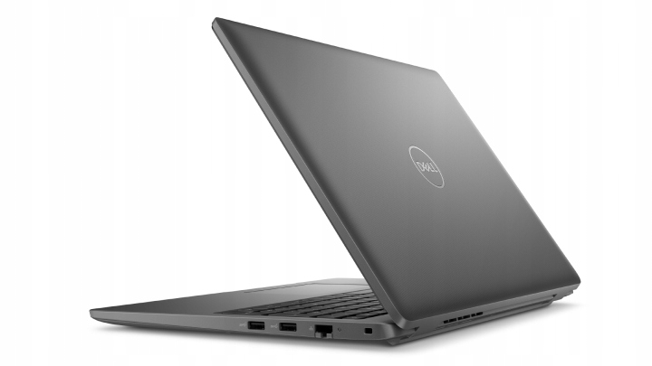 Laptop Dell Latitude widziany od tyłu pod kątem, z uchylonym ekranem i widocznymi portami z lewej strony obudowy.