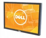 Monitor Dell P1911b widoczny z przodu pod niewielkim kątem, na ekranie pomarańczowa grafika testowa z logo Dell, bez podstawki.