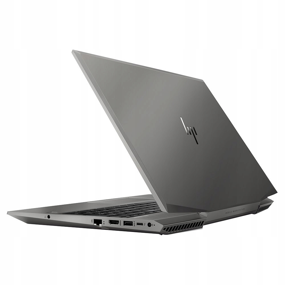Laptop HP ZBook 15 G6 widziany od tyłu i z boku, uchylona pokrywa, widoczne porty boczne i logo HP na obudowie.