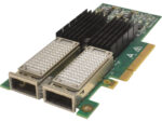 Karta sieciowa Mellanox z dwoma portami QSFP+, dużym czarnym radiatorem i złotym złączem PCIe.