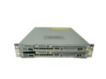 Widok z przodu na dwie nałożone jednostki Cisco ASA 5585-X z uszami montażowymi i rzędami portów SFP oraz RJ45.
