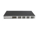 Przedni panel switcha D-Link z rzędami portów RJ45 i SFP oraz diodami LED, widok na całą obudowę z góry.