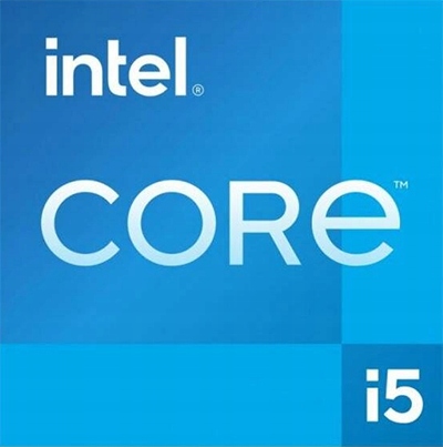 Niebieska grafika z logo Intel Core i5 oznaczająca procesor zastosowany w laptopie.