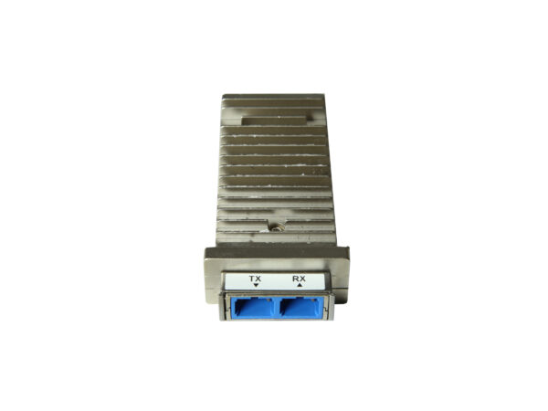 Moduł GBIC X2 Cisco od przodu z dwoma niebieskimi portami światłowodowymi oznaczonymi TX i RX.