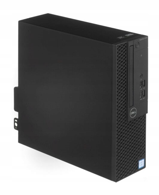 Komputer Dell OptiPlex SFF w czarnej obudowie, widok z przodu-boku z portami USB i napędem optycznym.