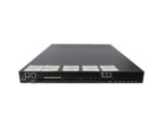 Przedni panel switcha IBM z rzędami portów SFP i RJ45 oraz uszami montażowymi do szafy rack, obudowa czarna.