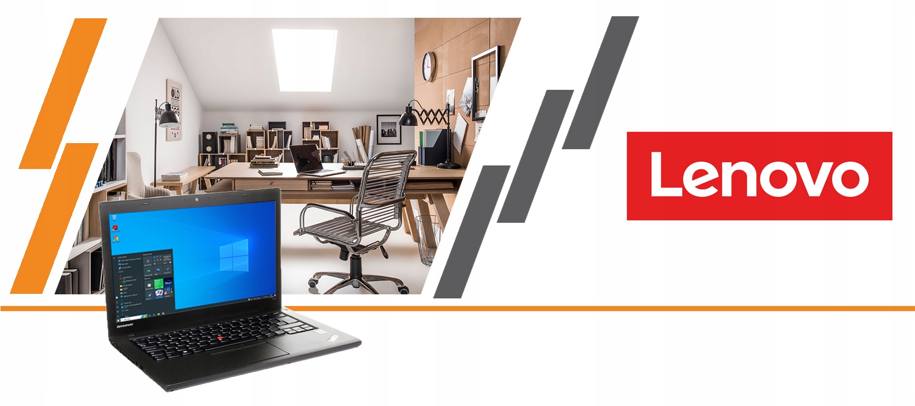 Grafika reklamowa z laptopem Lenovo na tle biura oraz logo Lenovo, bez zdjęcia rzeczywistego egzemplarza.