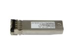 Moduł SFP+ Juniper w metalowej obudowie z dwoma portami LC i etykietą z opisem na górze.