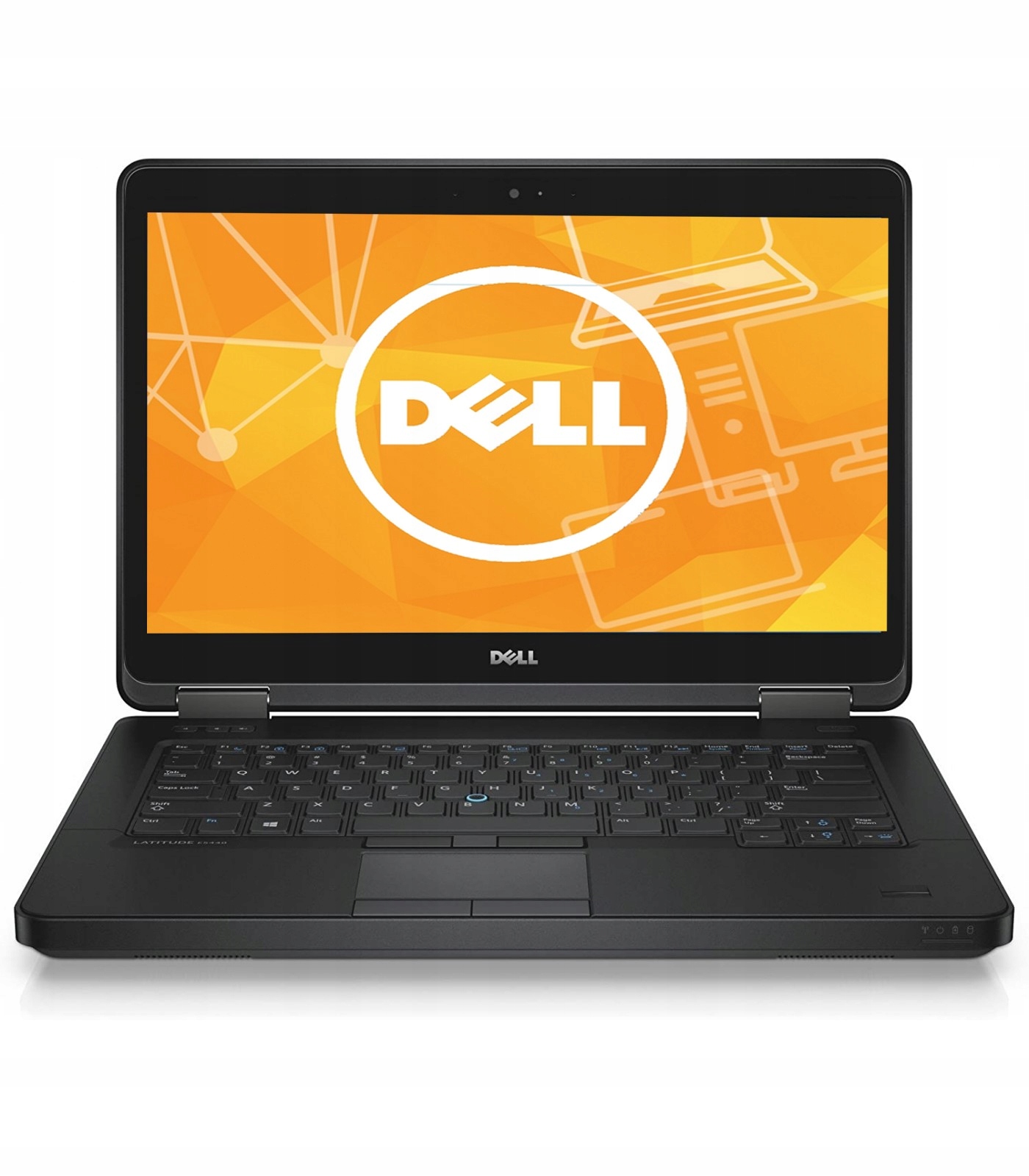 Laptop Dell Latitude E5440 otwarty pod kątem z przodu, ekran włączony z logo Dell na pomarańczowym tle.