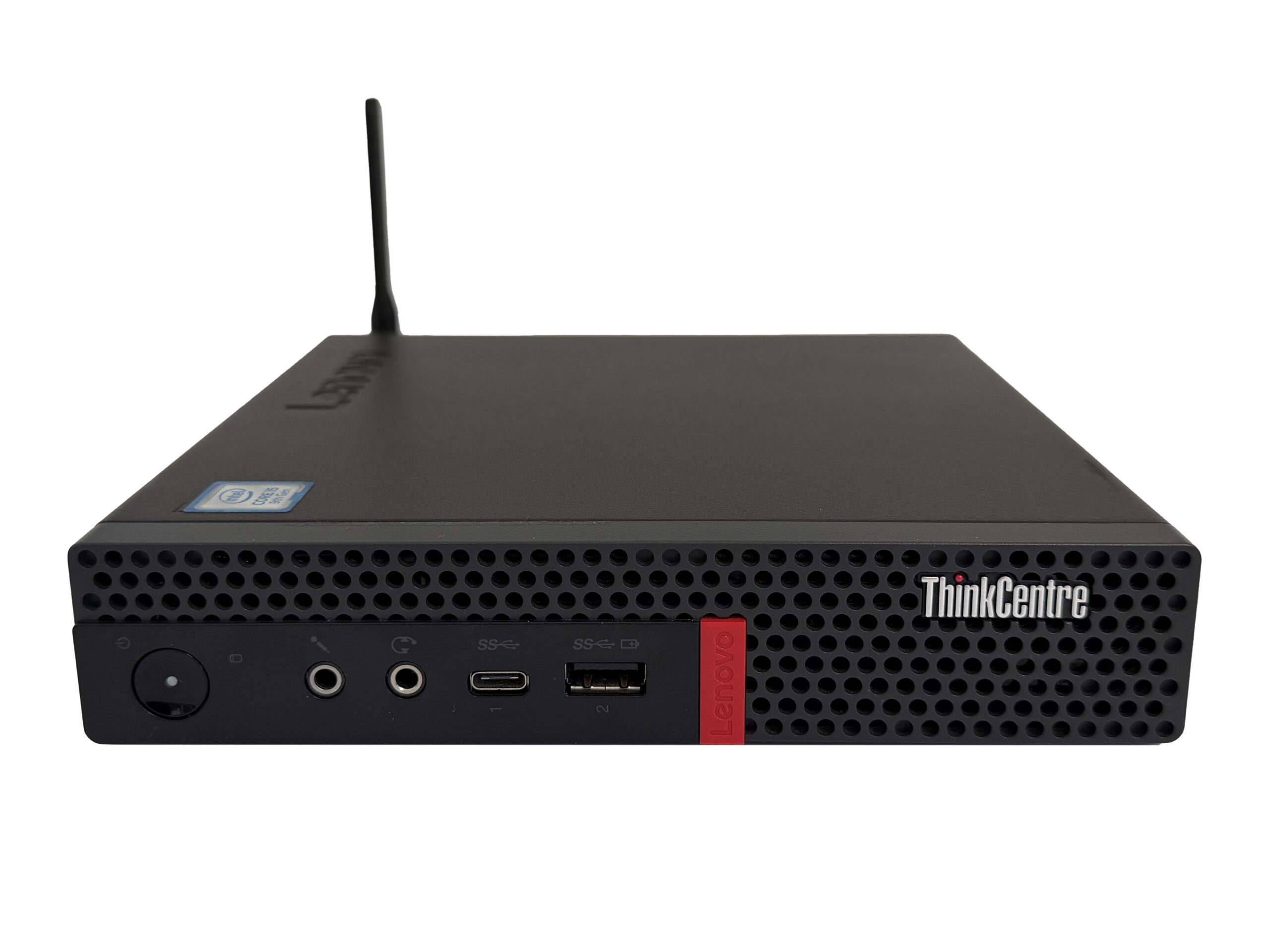 Przód komputera Lenovo ThinkCentre M920q Tiny z anteną WiFi, widoczne porty audio, USB-C i USB-A.