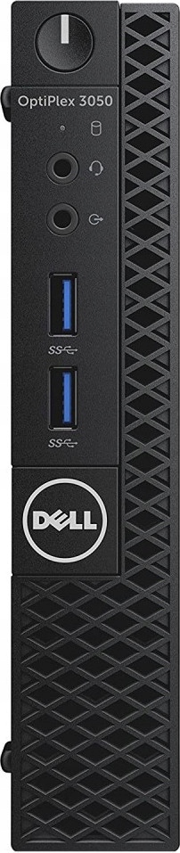 Przód mini komputera Dell OptiPlex 3050 Micro z portami USB, słuchawkowym i przyciskiem zasilania.