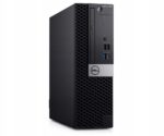 Przód komputera Dell OptiPlex SFF pod kątem, widoczny przycisk zasilania, port USB i logo Dell na froncie obudowy
