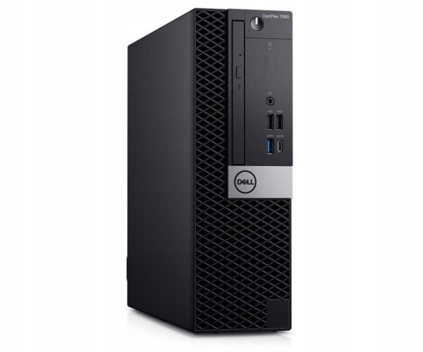 Przód komputera Dell OptiPlex SFF pod kątem, widoczny przycisk zasilania, port USB i logo Dell na froncie obudowy