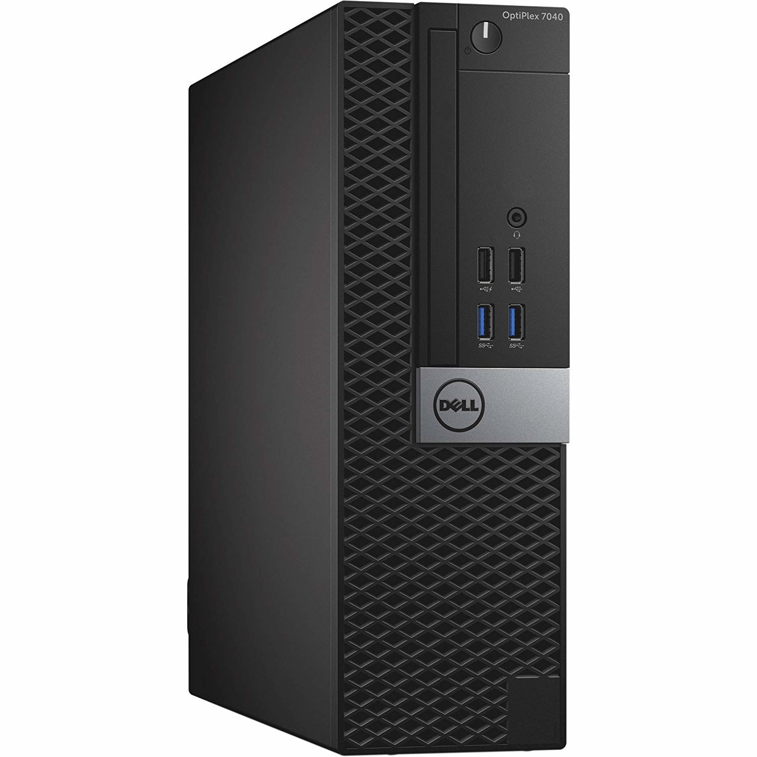 Komputer Dell OptiPlex 7040 SFF pod kątem z przodu, widoczne porty USB i przycisk zasilania na czarnej obudowie.