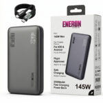 Pudełko powerbanku Eneron 145W 25000mAh z grafiką urządzenia i danymi technicznymi, obok dołączony kabel USB-C.