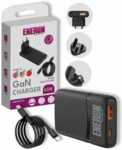 Zestaw ładowarki GaN Eneron 65W: pudełko, czarna kostka z portami USB-C i USB-A oraz zwinięty kabel do transferu danych.